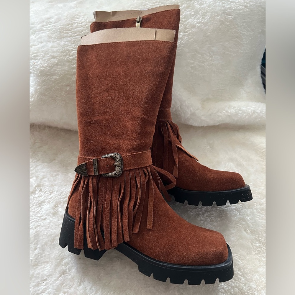 Fringe Suede Boots - Brown - Picture 3 of 11